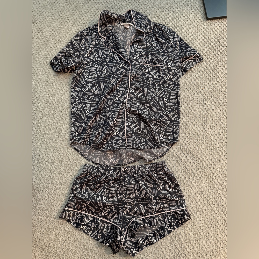 Victoria's Secret Black & White Logo Print Silk Pajama Top and Shorts Set